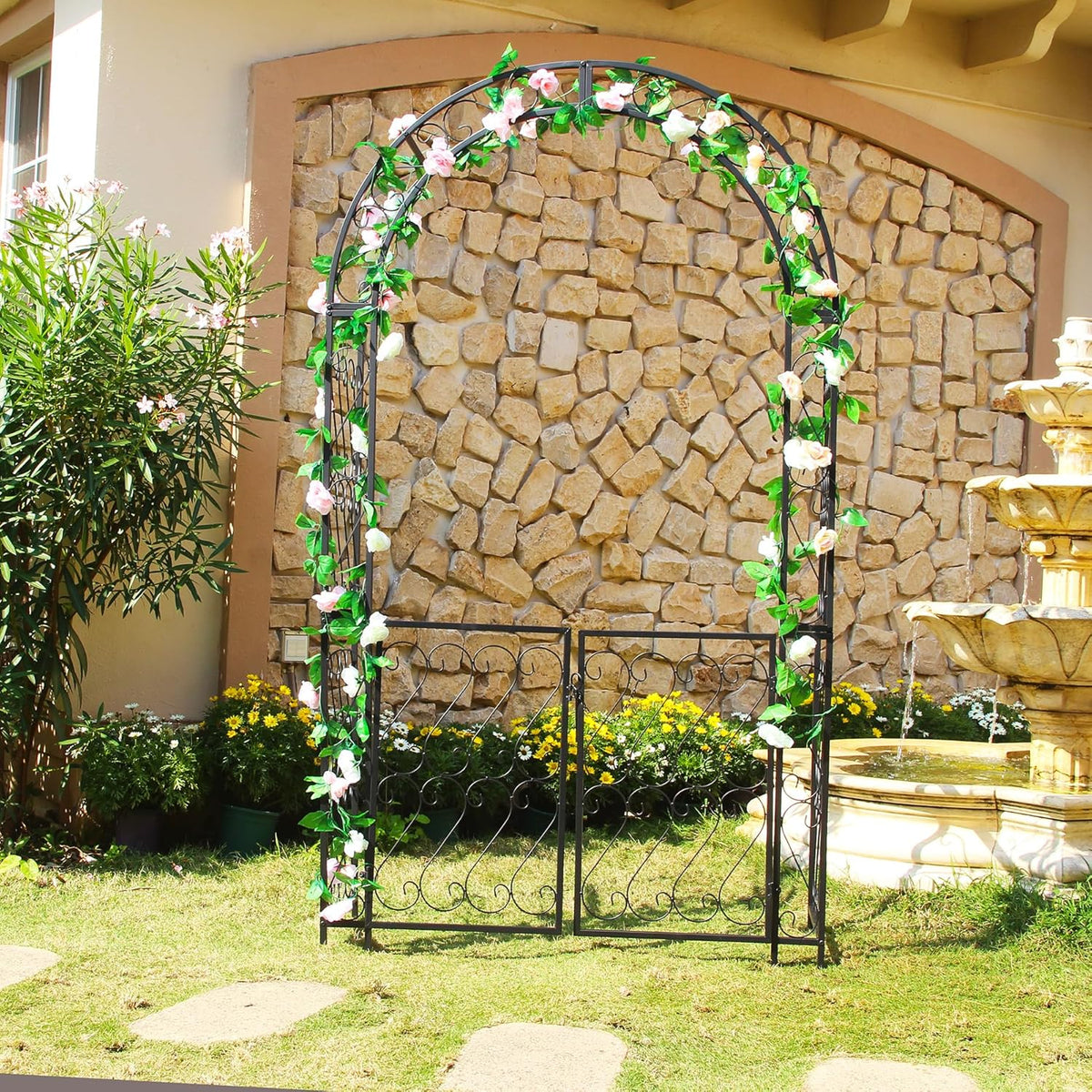 SCENDOR Heavy-Duty Arbor with Gate 48.8" W x 83.5" H, Iron Arch Trellis Arbor Archway for Climbing