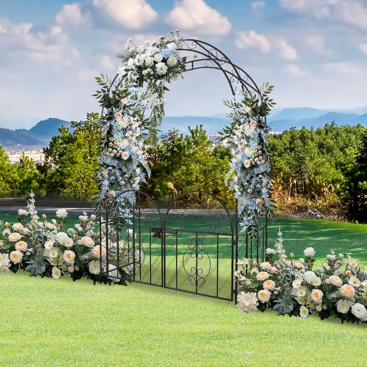 84in High Metal Garden Arbor with Gate, Heavy Duty Wide Garden Arch, Metal Arch Trellis with Gate