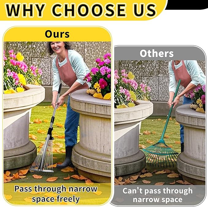 Garden Rake for Leaves,Heavy Duty Metal Adjustable Leaf Rake for Lawns,Long Handle 33"-69" with