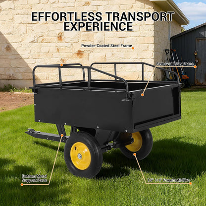 Heavy Duty ATV Dump Cart - Steel Tow Behind Trailer, 750 lbs, 15 Cubic Feet Garden Utility with