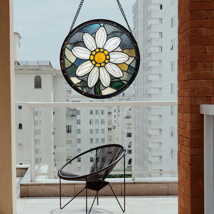Stained Glass Window Hanging - Yellow White Daisy Birth Flower Suncatcher for Door Garden Yard Sun