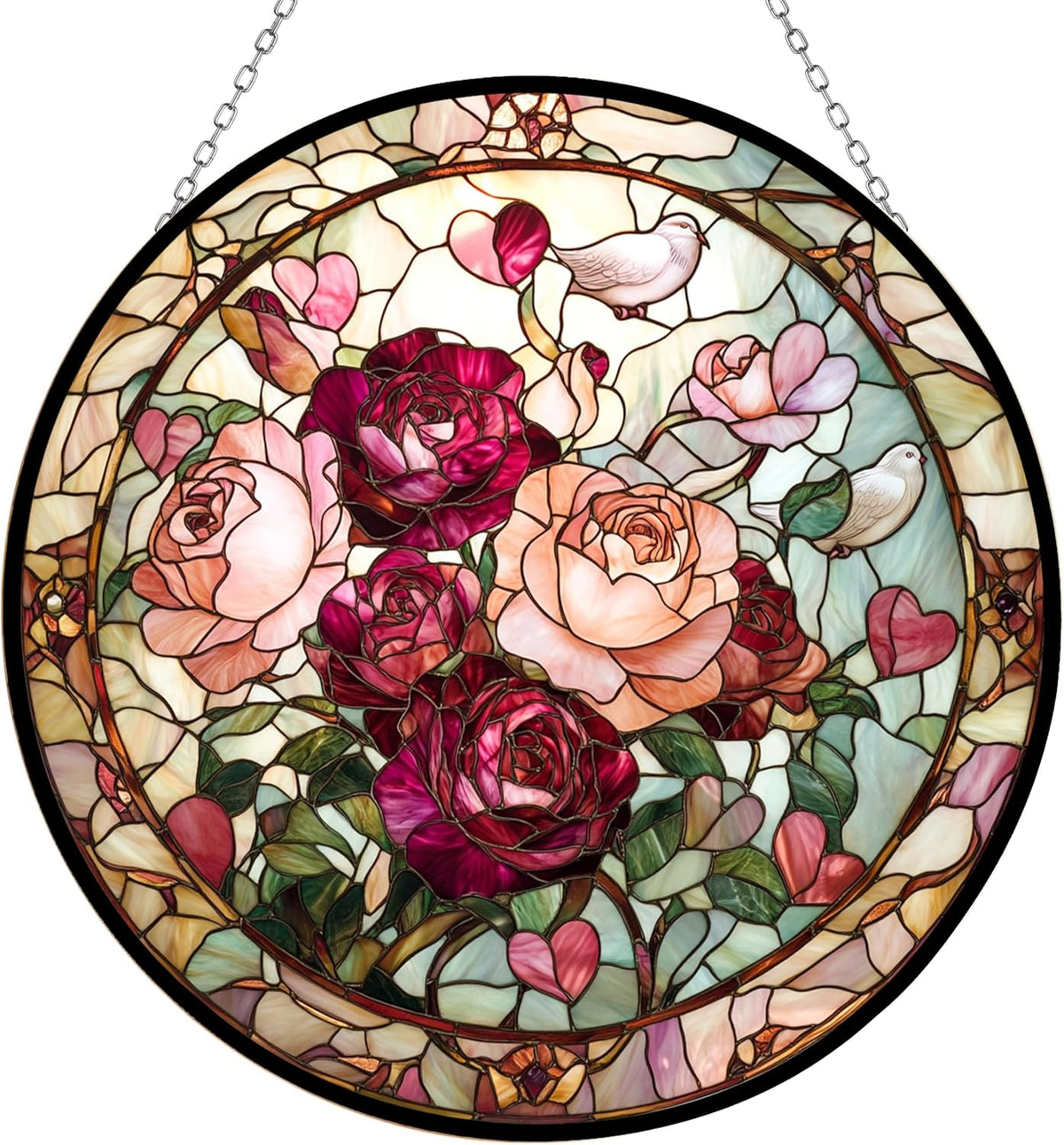 Valentine Blooming Roses Stained Glass Window Hanging Window Suncatcher 12" Glass Panel with Metal