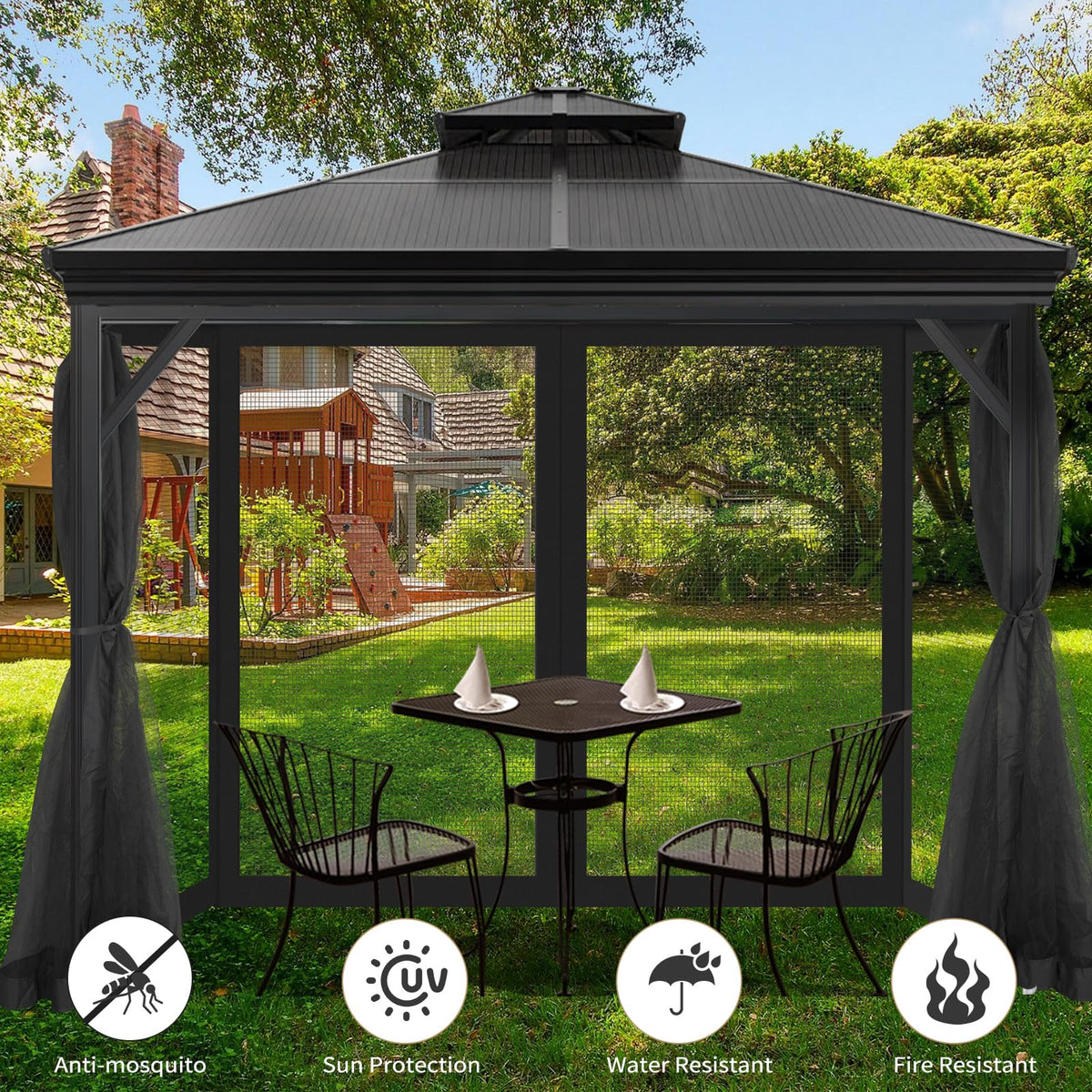 10'x10' Gazebo Mesh Netting, 4 Panels with Zippers, Black