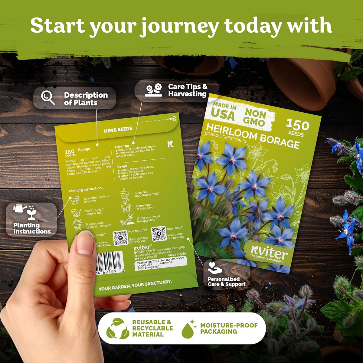 KVITER 150 Borage Seeds (Borago officinalis) - Blue Strawflower, Edible Flower for Teas, Attracts