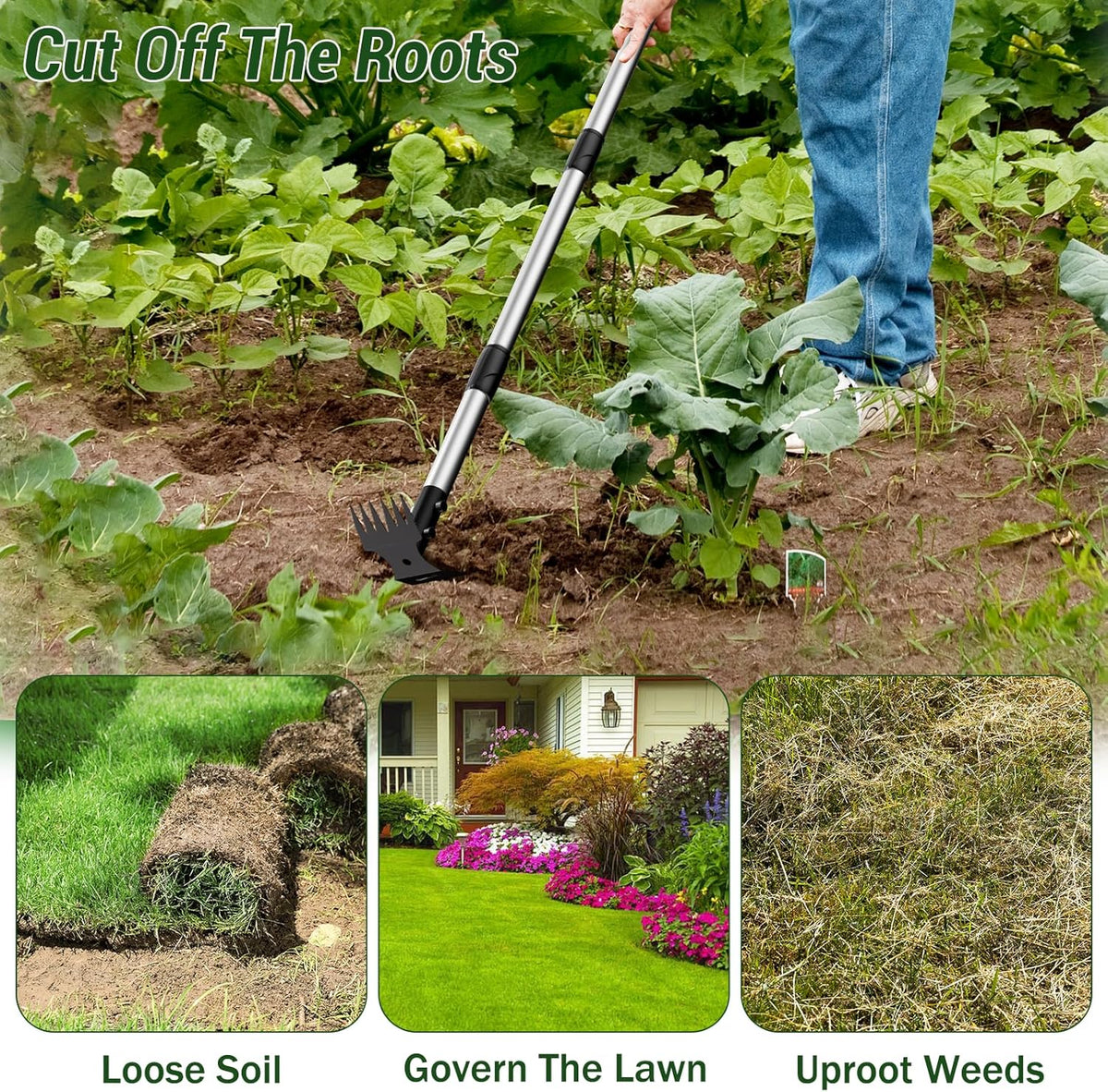 Weed Puller Tool with Long Handle – 2-in-1 Handle Garden Hoe and Weed Rake, Hoe Garden Tool for