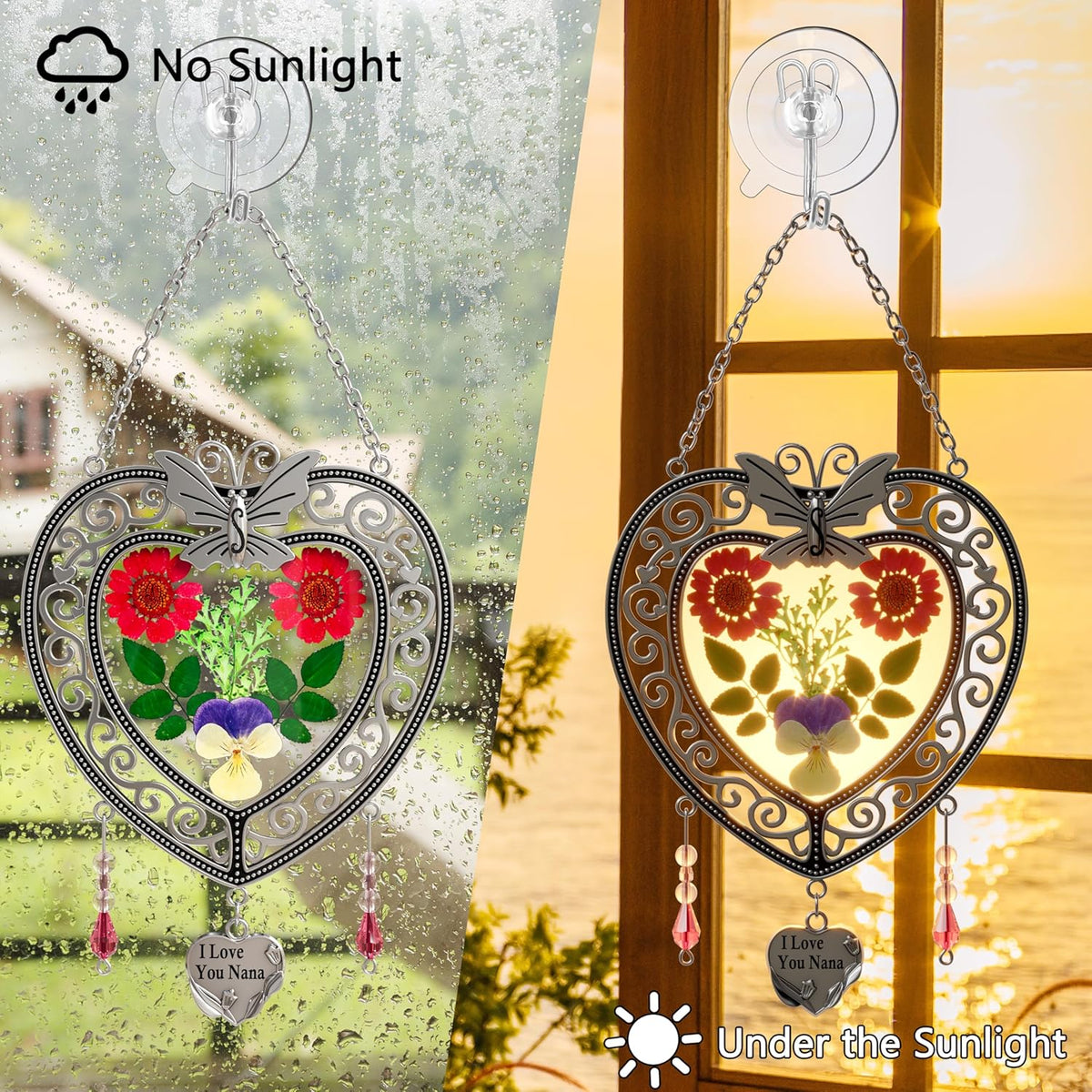 KY&BOSAM Heart Suncatchers I Love You Nana Tree of Life Stained Glass Panels Hangings for Windows