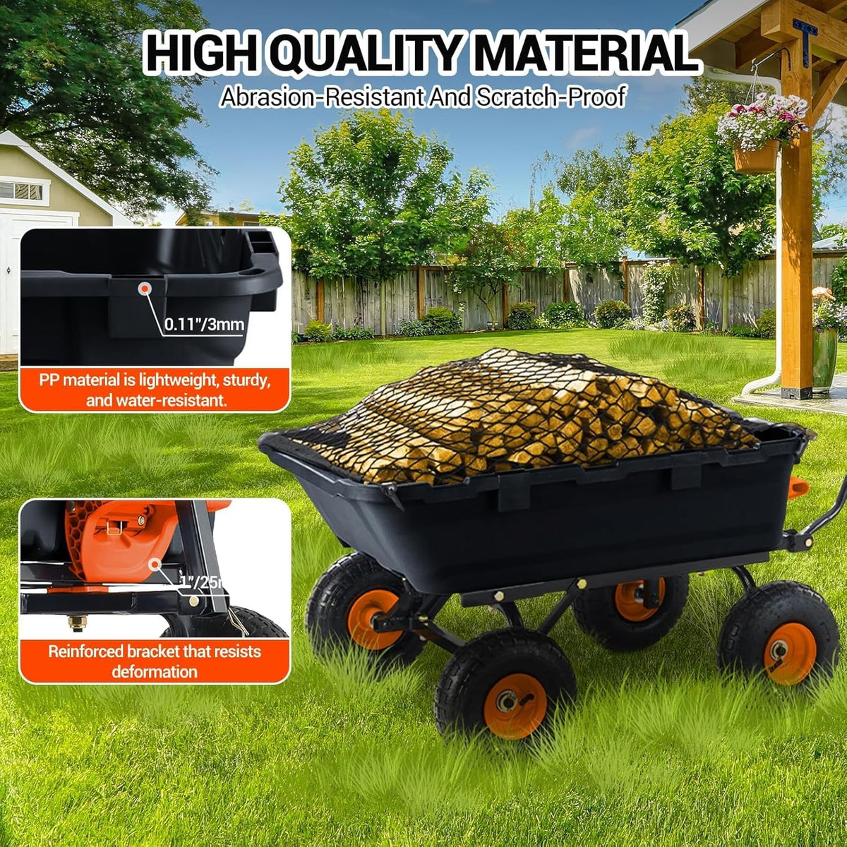 800Lb Heavy-Duty Poly Dump Garden Cart with Steel Frame, Utility Wagon with 10" Tires & Quick-Tilt