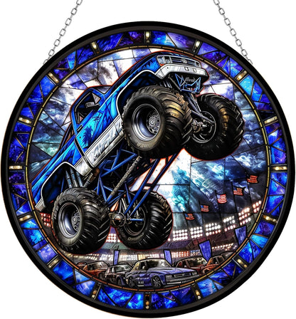 Monster Truck Stained Glass Window Hanging Window Suncatcher 12" Glass Panel with Metal Chain and