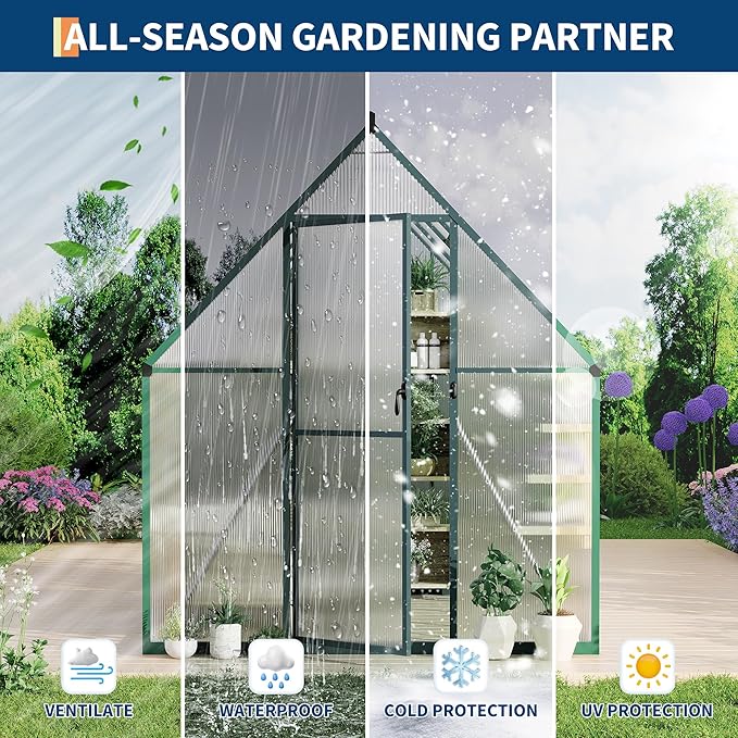 6'X7' Aluminum-Framed Polycarbonate Greenhouse, Heavy Duty Polycarbonate Greenhouse with Quick