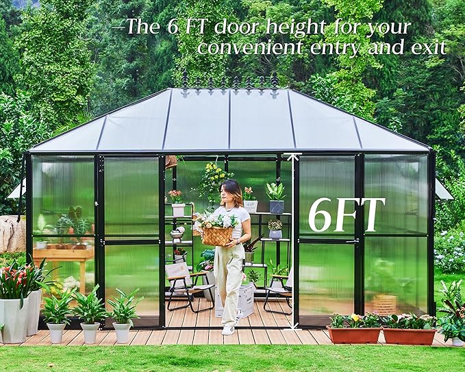 Jocisland 14x9.5x9 FT Outdoor Aluminum Greenhouse with Quick Connect Fittings, 6 FT Height Double