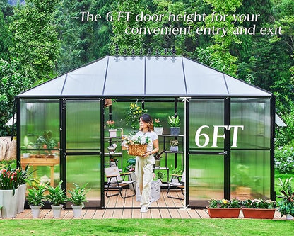 Jocisland 14x9.5x9 FT Outdoor Aluminum Greenhouse with Quick Connect Fittings, 6 FT Height Double