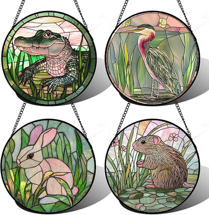 Stained Glass Window Hanging 4 Pcs Set Cute Animal 7.8"- Green Plant Pink Suncatcher Door Garden