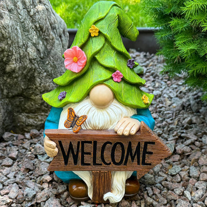 Mood Lab Garden Gnome - Solar Gnome Figurine with Welcome Sign - 9.1 Inch Decor Outdoor Lawn Statue