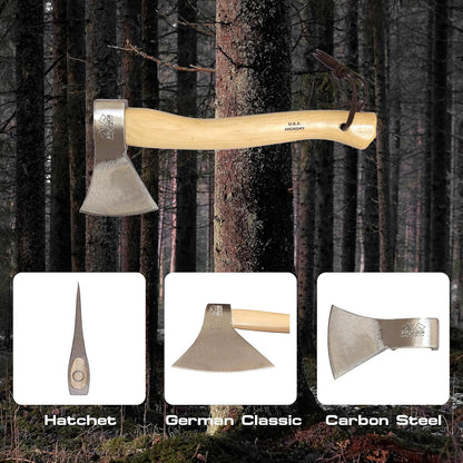 Prandi Axes German Style C45 Forged Carbon Steel Hatchet - Hickory Handle with Leather String