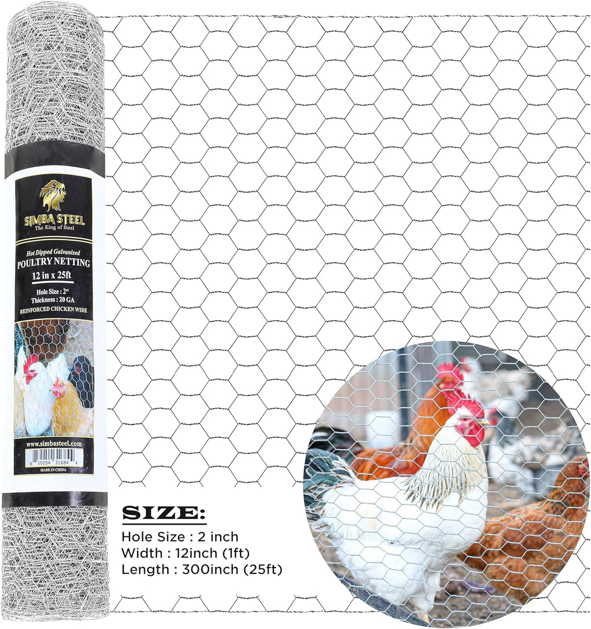 Chicken Wire 12 in x 25 FT x 2” Mesh x 20GA | Poultry Wire Netting | Hot Dipped Galvanised |