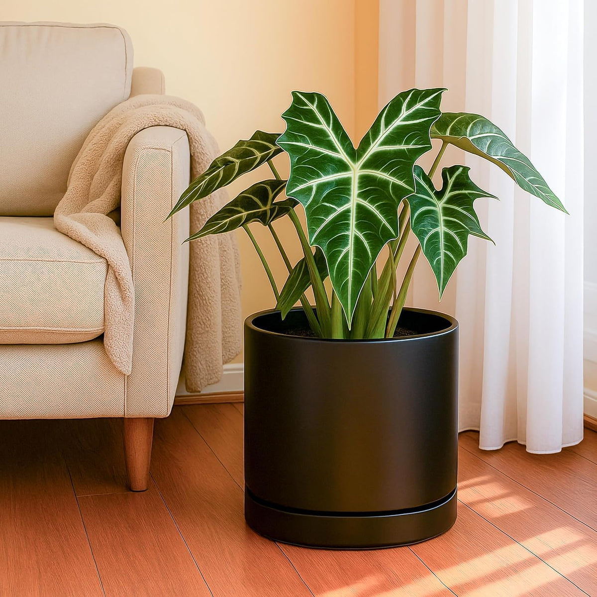 D'vine Dev 10 Inch Ceramic Planter Pot with Drainage Hole and Saucer, Indoor Cylinder Round Planter