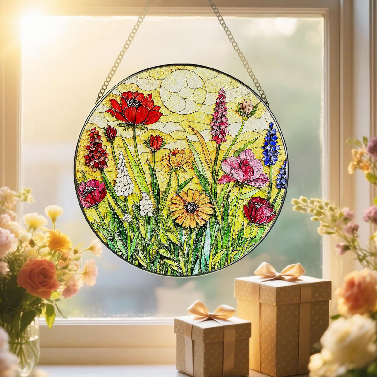 Stained Glass Window Hanging, 8 Inch Wildflower Stained Glass Suncatcher, Colorful Floral Window