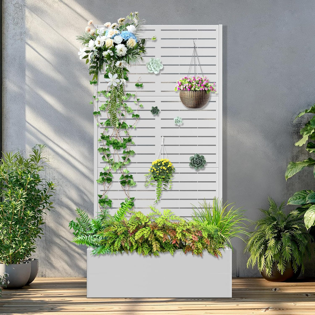 Metal Raised Garden Bed with Trellis, 2 in 1 Trellis with Planter Box & Privacy Screen for Climbing