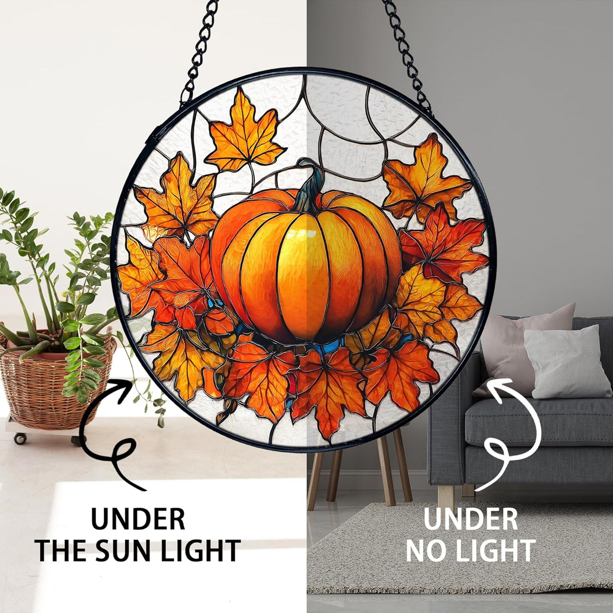 TNUW Fall Pumpkin Stained Glass Window Hanging, Farmhouse Autumn Pumpkin Maple Leaf Sun Catchers