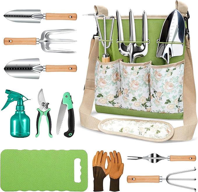 All-in-One Garden Tool Set, 11-Piece Heavy Duty Gardening Tools with Ergonomic Canvas Shoulder