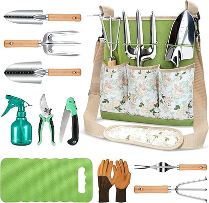All-in-One Garden Tool Set, 11-Piece Heavy Duty Gardening Tools with Ergonomic Canvas Shoulder