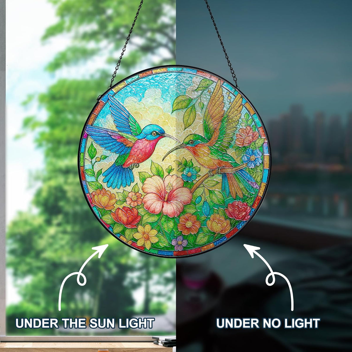 Stained Glass Window Hanging, Hummingbirds Sun Catchers Stained Glass Panels for Indoor Windows