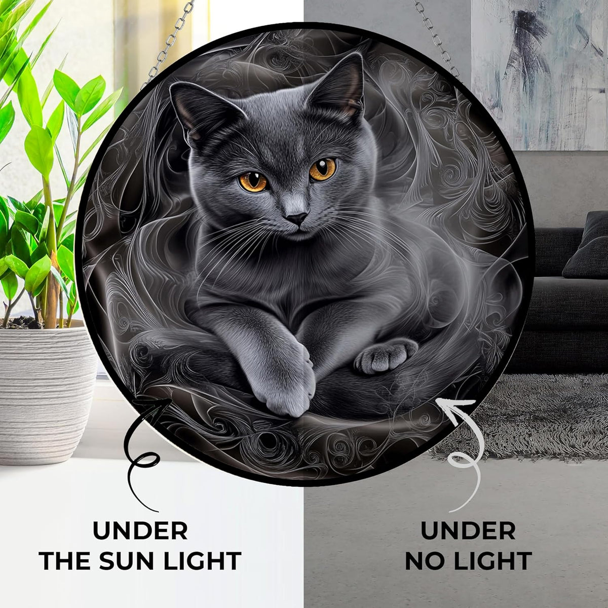 Easter Gray Cat Stained Glass Suncatcher Window Hanging, Gothic Christmas Ornaments for Fiction