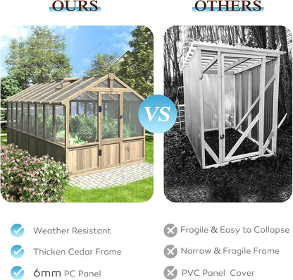 8x16 FT Greenhouse for Outdoor, 6MM Thick Polycarbonate Panel Wooden Walk-in Green House with