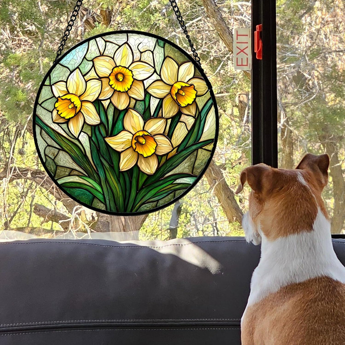 Stained Glass Window Hanging, Daffodil Plant Flowers Sun Catchers Diamond Glass Panel Hangings
