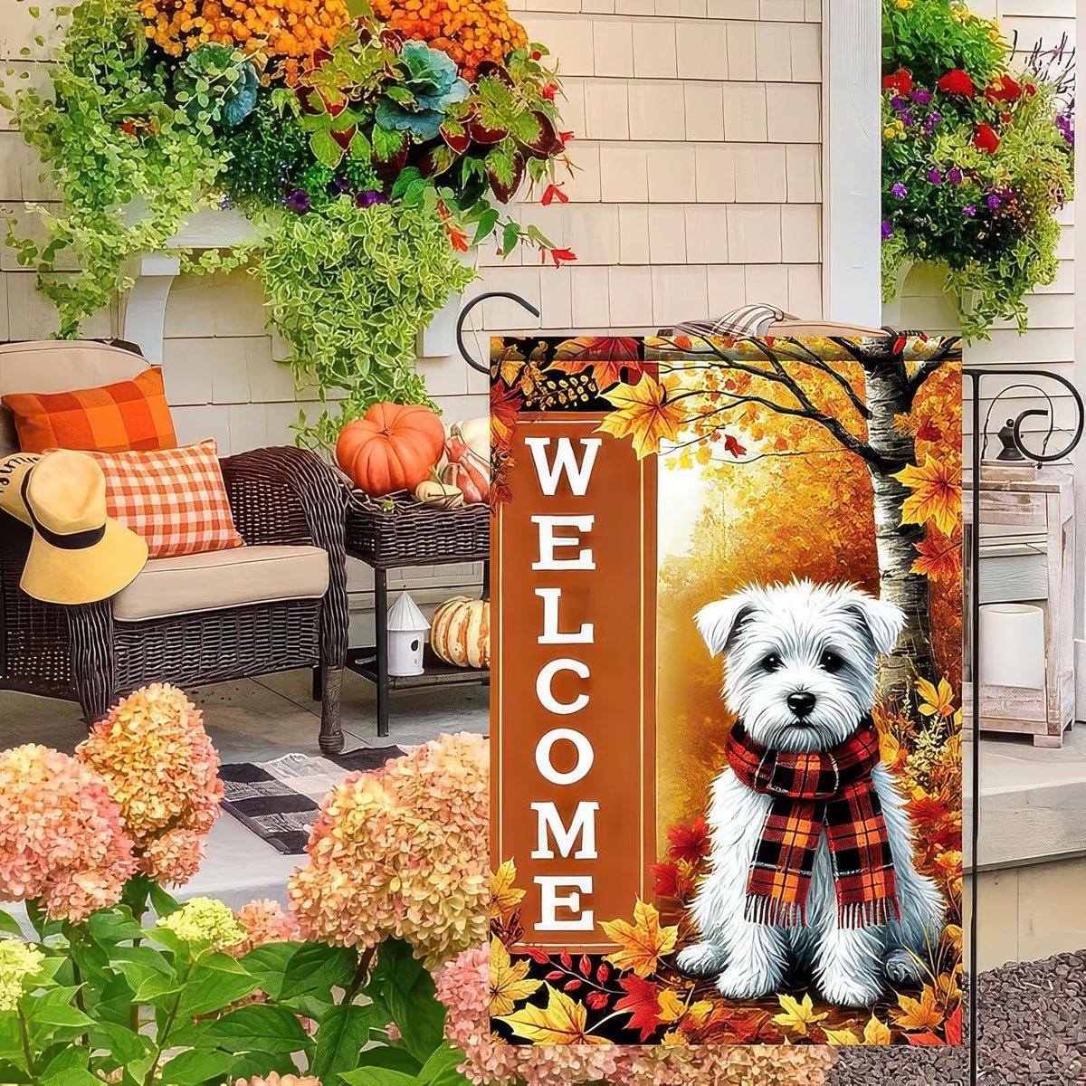Thanksgiving Fall Garden Flag 12x18 Inch Welcome West Highland White Terrier Dog Outdoor Flag