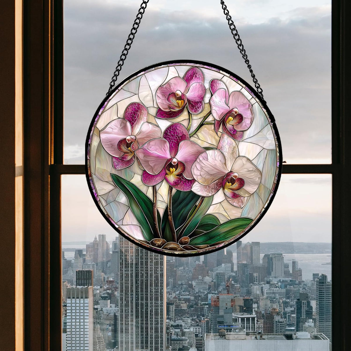 Stained Glass Window Hanging - Pink Purple Phalaenopsis Flowers Sun Catcher for Door Home Decor