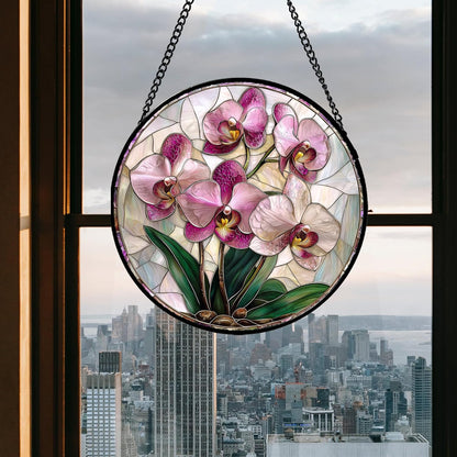Stained Glass Window Hanging - Pink Purple Phalaenopsis Flowers Sun Catcher for Door Home Decor
