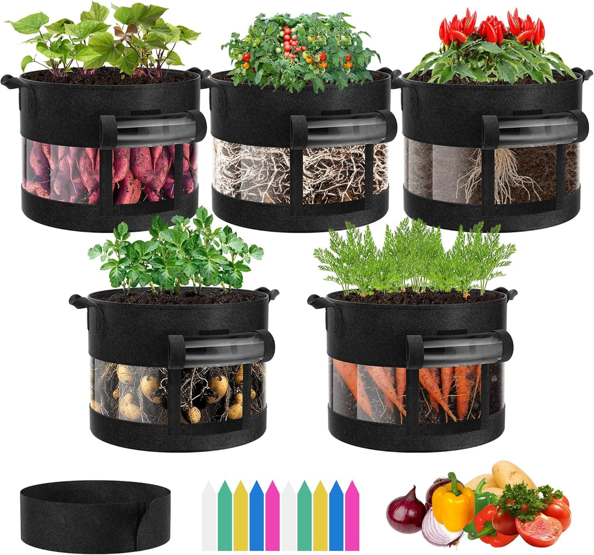 VIVOSUN 5-Pack 10 Gallon Potato Grow Bags, Thick Fabric Pots with 360 Visibility & Harvest Window