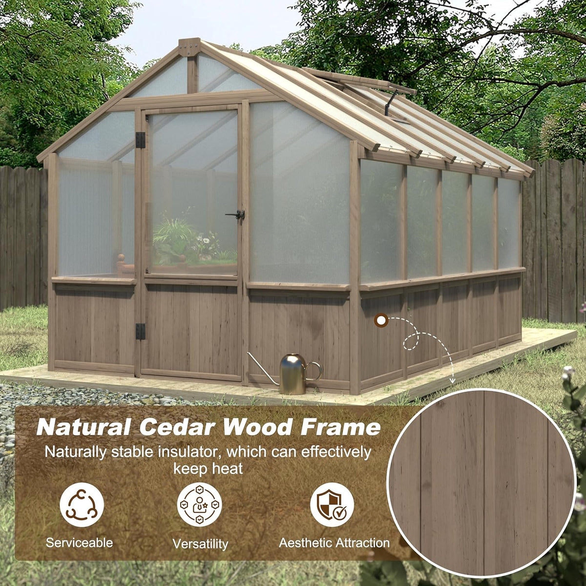 8x10 FT Greenhouse Kit with 6MM Thick Polycarbonate Panel for Outdoor, Wooden Walk-in Green House