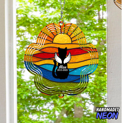 Personalized Cat Memorial Wind Spinner Metal Outdoor Art, Custom Rainbow Angel Wings 3D Kinetic