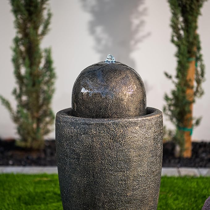XBrand 25.98" H Round Stone Indoor/Outdoor Modern Stone Textured Sphere Water Fountain w/LED