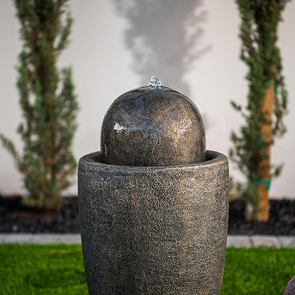 XBrand 25.98" H Round Stone Indoor/Outdoor Modern Stone Textured Sphere Water Fountain w/LED