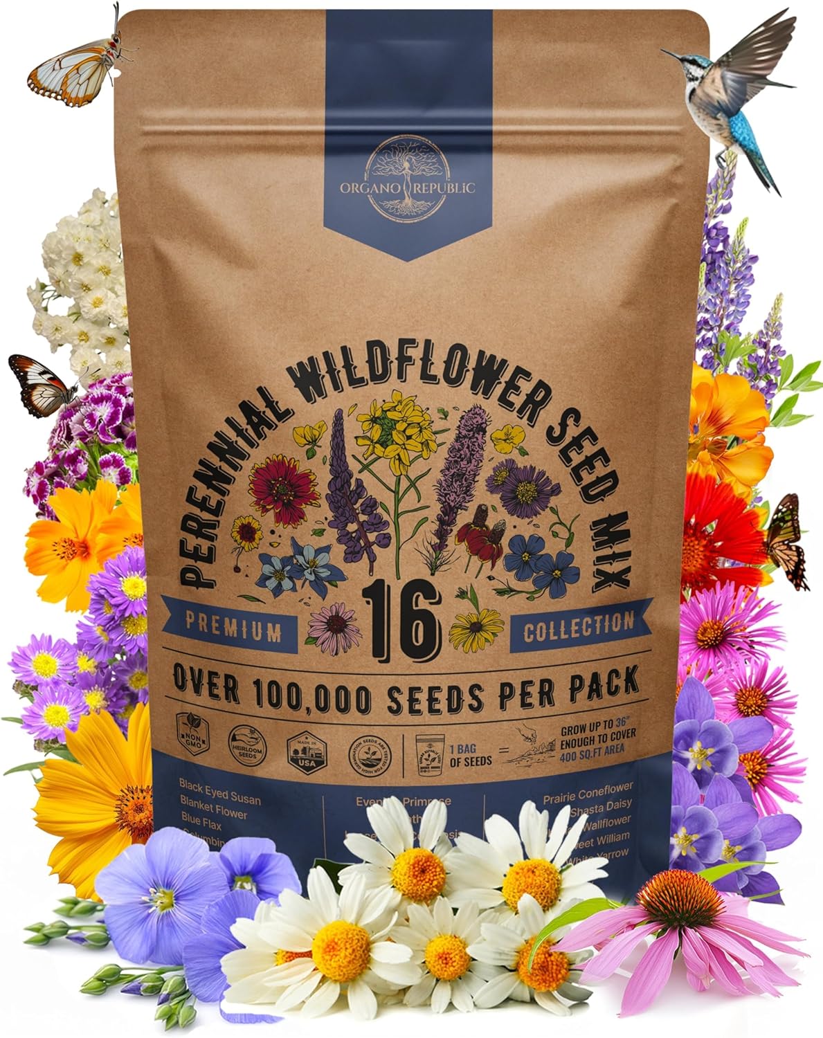 Organo Republic 16 Perennial Wildflower Seeds Mix for Indoor & Outdoors. 100,000+ Non-GMO, Heirloom