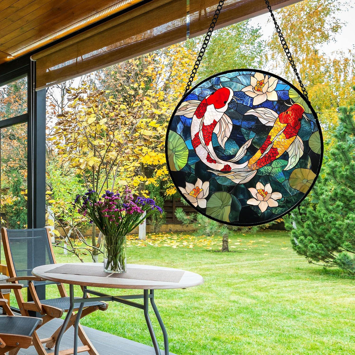 Stained Glass Window Hanging, Koi and Lotus Sun Catcher for Door Home Decor Fish Suncatcher