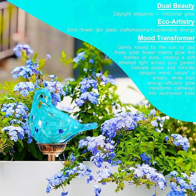 Solar Bird Garden Stake Lights - Hand Blown Glass Decorative Garden Pathway Lights Outdoor