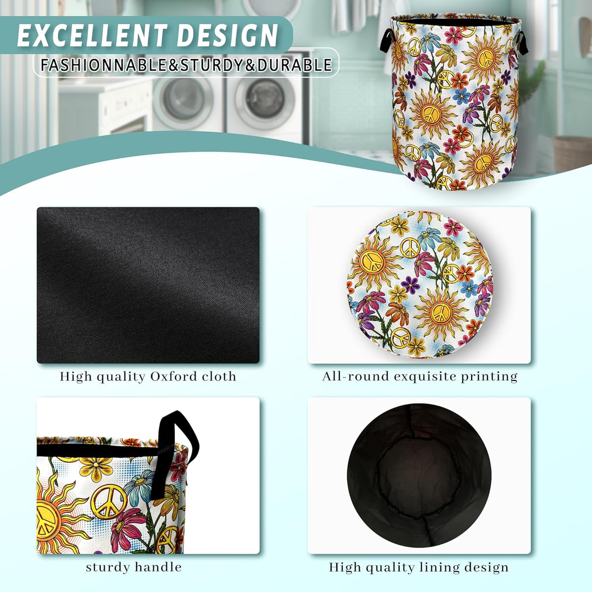 Colorful Hippie Peace Flowers Laundry Basket Foldable With Handles Tote Bag Oxford Cloth Funny