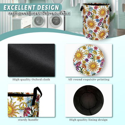 Colorful Hippie Peace Flowers Laundry Basket Foldable With Handles Tote Bag Oxford Cloth Funny
