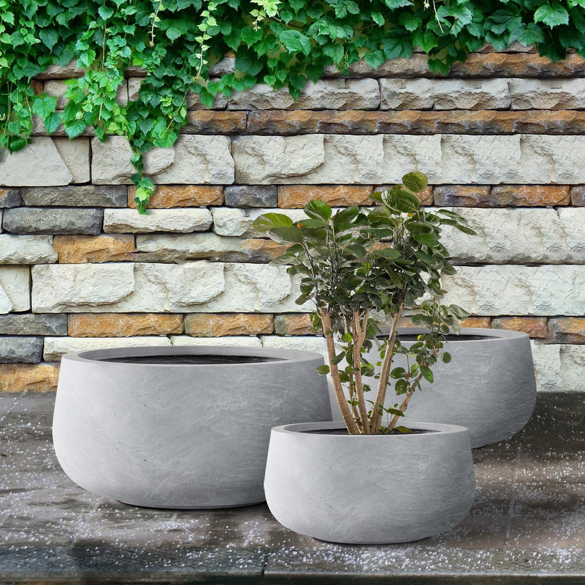 Kante 19.6",15.7",11.8" Dia Round Concrete Planters Set of 3, Cement Plant Pots with Drainage Hole