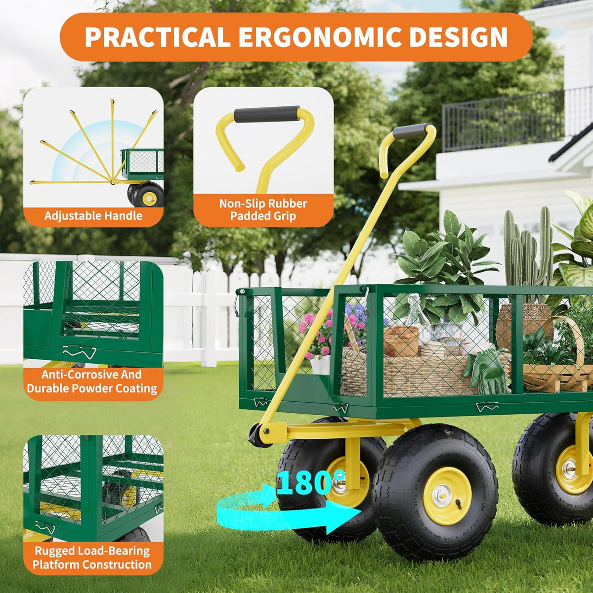 900 Lbs Garden Wagon, 2-in-1 Heavy-Duty Steel Garden Cart, with 10 Inch All-Terrain Tires and