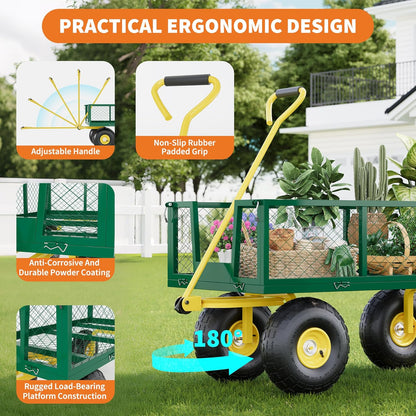 Metal Wagon - 900lbs Garden Cart with 10" Multi-Terrain Tires, 4 Removable Mesh Sides & 180° Swivel