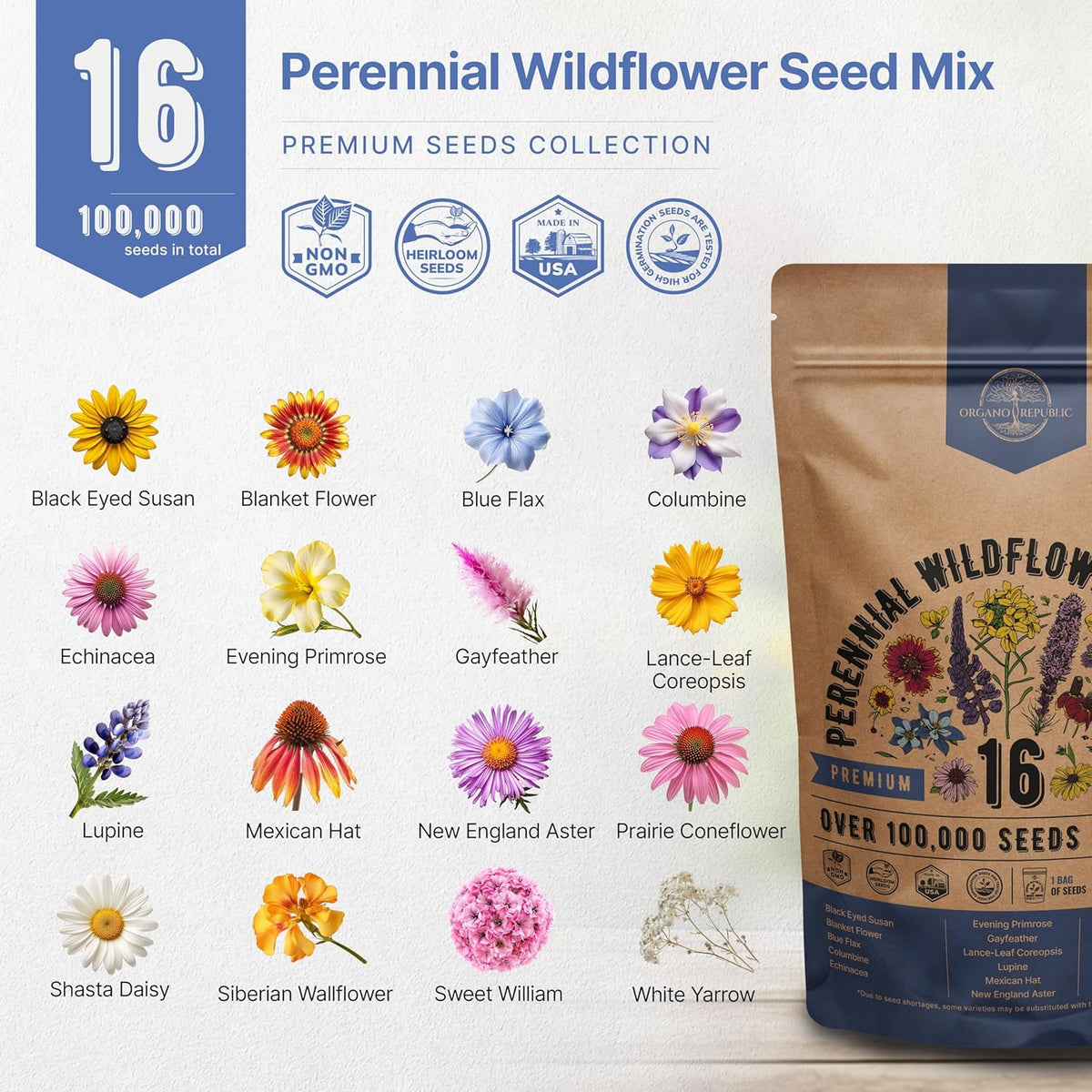 Organo Republic 16 Perennial Wildflower Seeds Mix for Indoor & Outdoors. 100,000+ Non-GMO, Heirloom