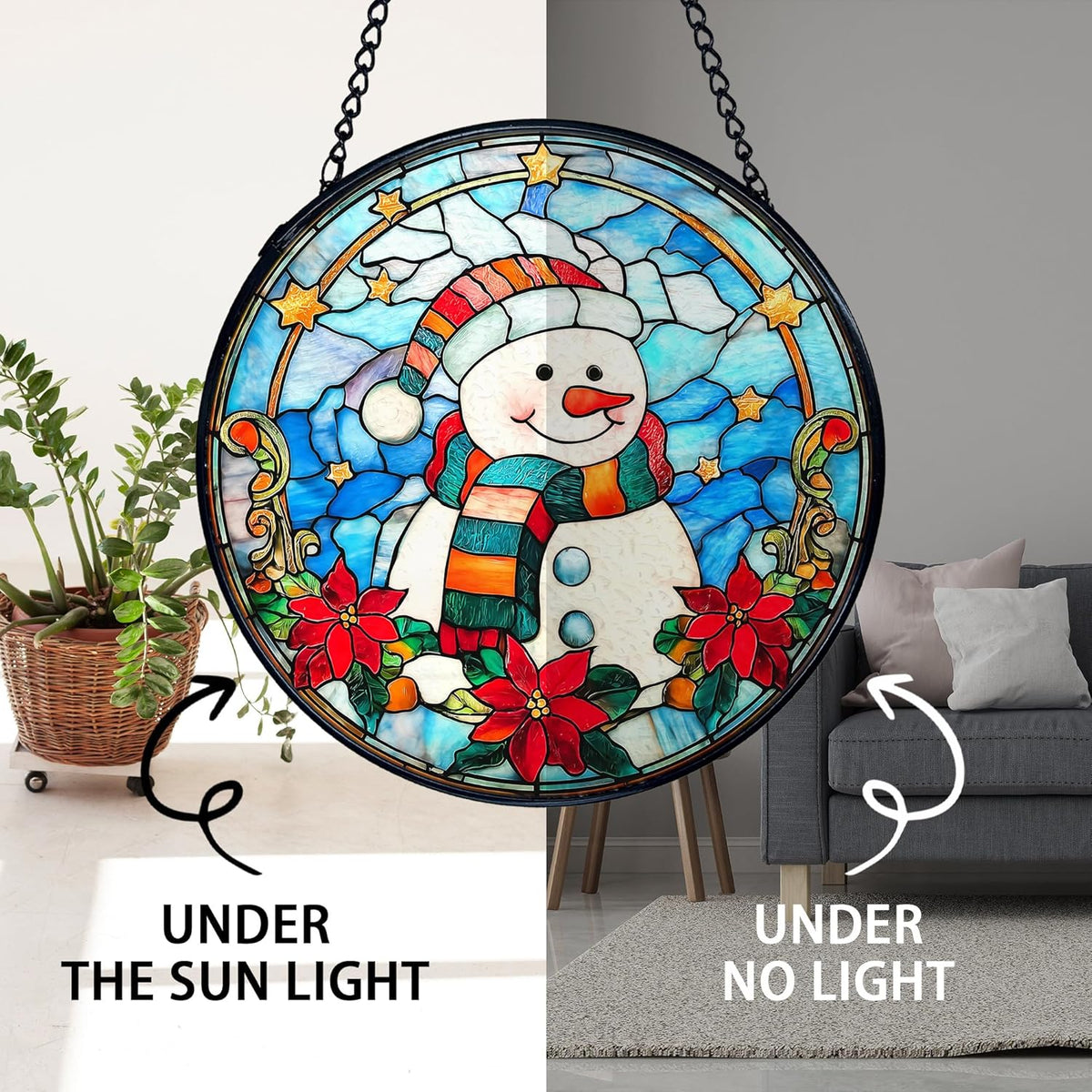 TNUW Snowman Christmas Stained Glass Window Hanging, Snowman Winter Xmas Flowers Sun Catchers