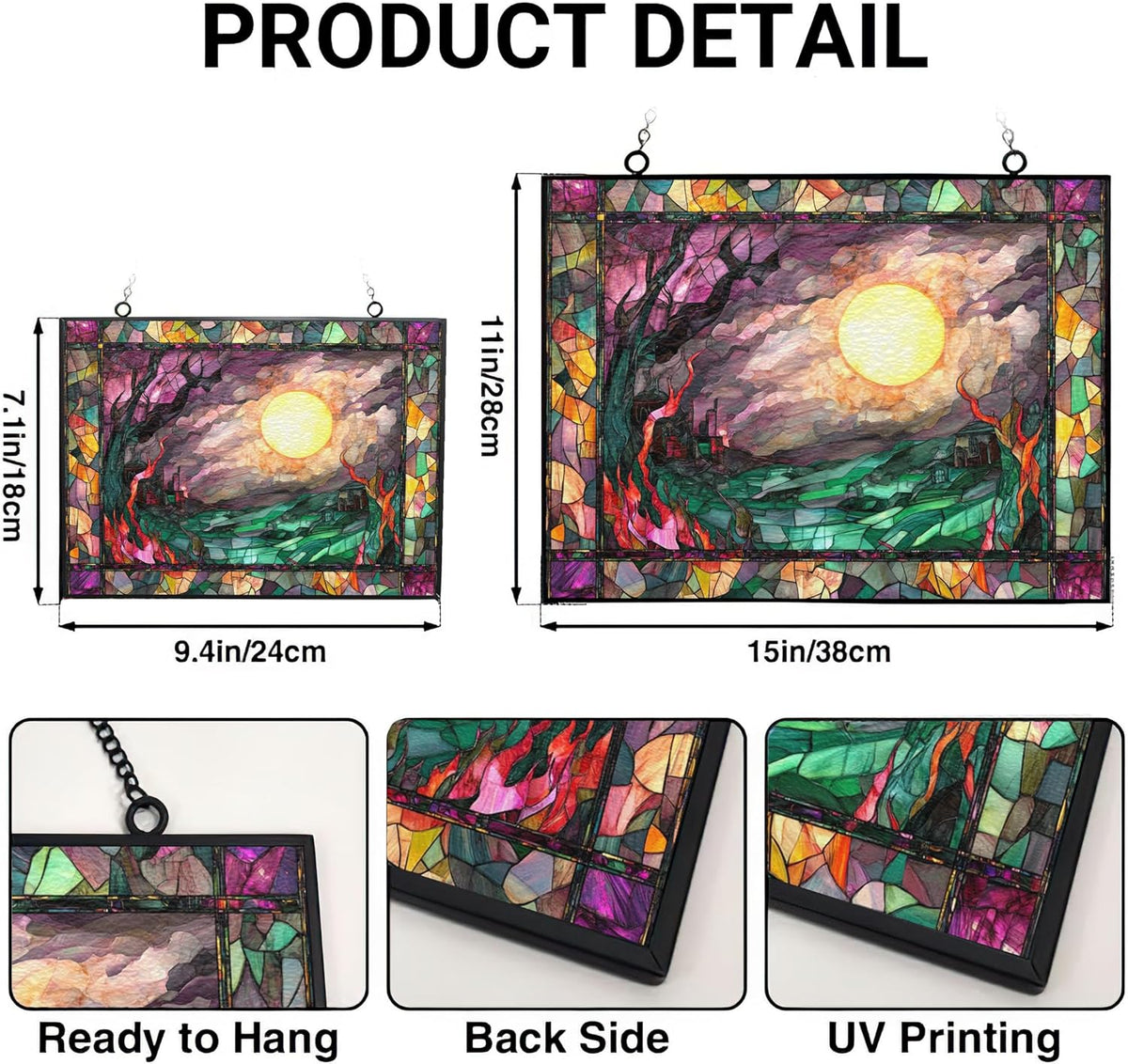 Personalized Rectangle Haunted Night Stained Glass Window Hangings, Handcrafted Stained Glass