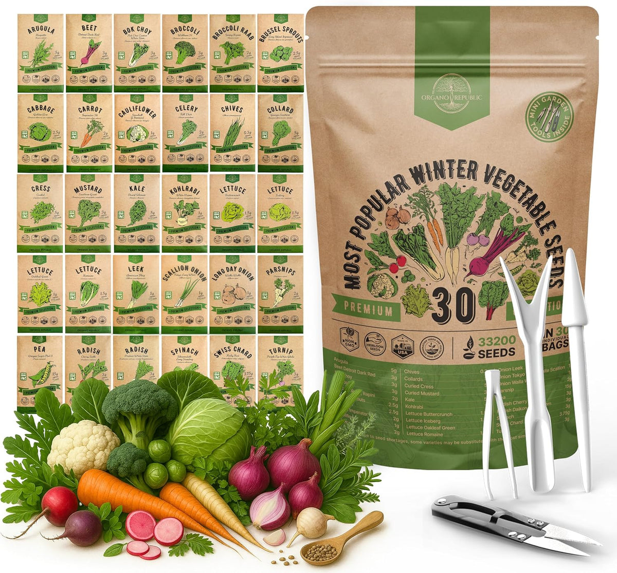 Organo Republic 30 Most Popular Winter Vegetable Garden Seeds Variety Pack- Outdoors/Indoor 33,200+