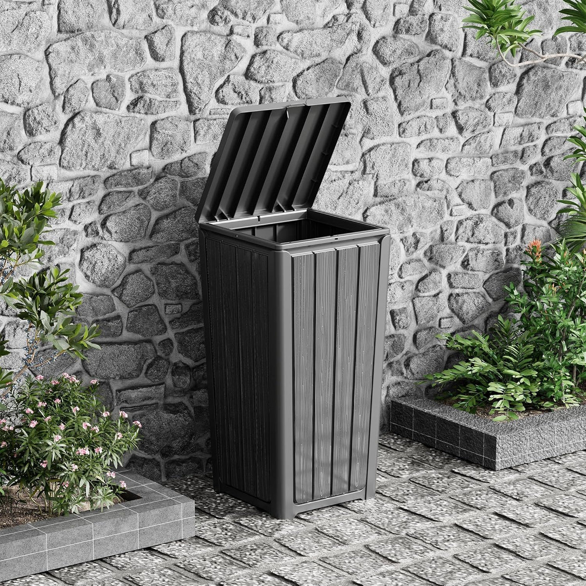 Outdoor Trash Can 23 Gallon Garbage Can with Lid Waterproof Resin Garbage Patio Waste Bin for
